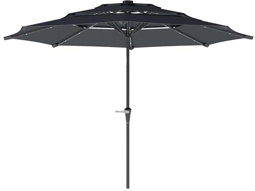 Outsunny 2.6 m Garden Parasol with Solar LED Lights, 3-Tier Patio Umbrella Outdoor with Tilt Mechanism & Crank Handle, UPF 30+, Table Umbrella for Market Terrace, Dark Grey