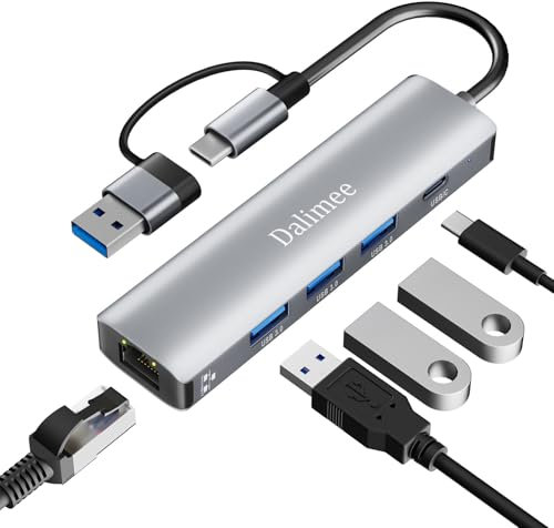 Dalimee Hub USB 3.0, station d'accueil 5 en 2 USB C avec 3 ports USB 3.0 5 Gbps, USB-C et Gigabit Ethernet, station d'accueil en aluminium pour MacBook, iPad, iPhone, et plus d'appareils de type C