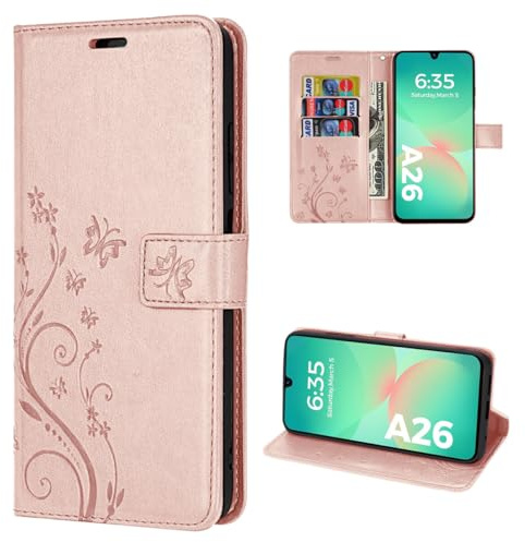 betterfon Handyhülle kompatibel mit Samsung Galaxy A26 5G | Premium PU Leder Handy Hülle Wallet Case | Schutzhülle Blumen Klapphülle | Rosegold