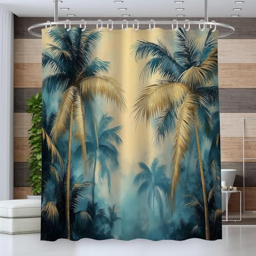 Rideau Douche Palmier 120 x 180 cm Rideau de Douche Anti Moisissure Tropical Rideaux Baignoire Lavable en Machine Shower Curtain pour Salle de Bain avec 8 Crochets Y1374