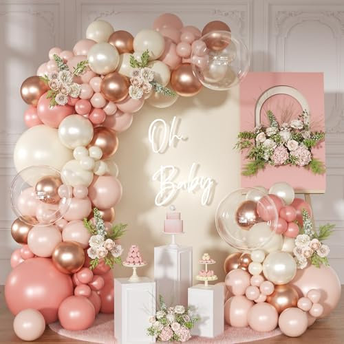 NUTTYBASH Kit per arco di palloncini rosa polveroso, 126 pezzi, stile retrò, rosa cipria e oro rosa metallizzato, kit per matrimoni, compleanni, baby shower, rivelazione di genere, decorazioni da