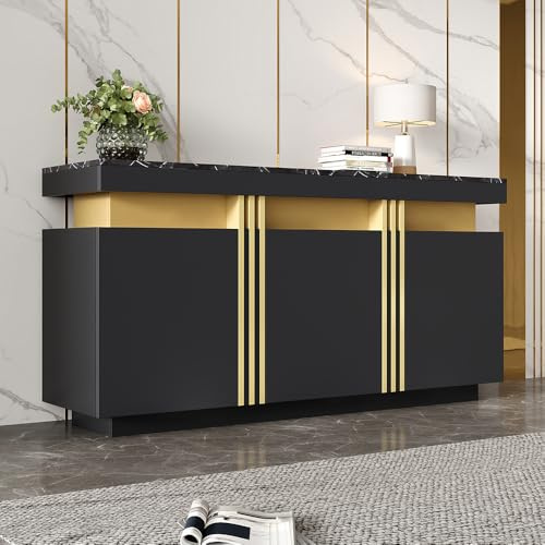 Sweiko 140 * 38 * 70cm Buffet d'exposition Moderne, Armoire de Salle à Manger à 3 Portes avec cloison Ajustable pour la Cuisine, Le Salon, l'entrée, Couleurs Noir et Or Assorties (Black)