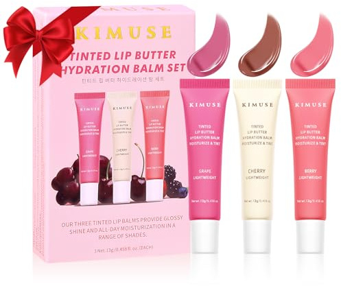 KIMUSE Tinted Lip Butter 3er Set, Getönter Lippenbalsam mit Glanz & Pflege | Vegane Pflege mit Hyaluronsäure, Ceramid & Vitamin E: Hydratation Ohne Wachsiges Gefühl, Kompakt für die Handtasche