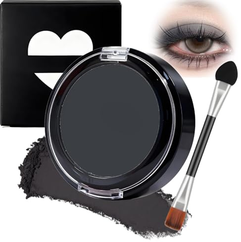 Cool Dark Grey Black Matte Single Eyeshadow - Long-Lasting High Pigment Powder for Older Women and Sensitive Eyes, Smooth Blendable Formula with Handy Brush Applicator (Black)