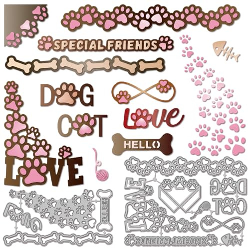 GLOBLELAND Katzen Und Hundepfotenabdrücke Metall Stanzschablone Buchecken Papierpräge Stanzschablonen Set Stanzformen für Kartenherstellung DIY Papier Scrapbooking Handgefertigtes Fotoalbum