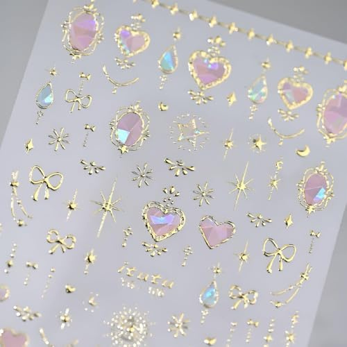 VelvetGlow Nail Art Stickers 5D Embossed Pink Heart Nail Stickers for Nail Art Gold Moon Star Bow Nail Decals Aurora Heart Nails Supplies Gifts for Women and Girls