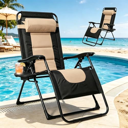 YUODIJIO Liegestuhl Klappbar Leicht mit Verstellbarer Rückenlehne, Sonnenliege Wetterfest mit Auflage und Kopfstütze, bis 150kg, Relaxliege Garten für Balkon Garten Terrasse (Beige)