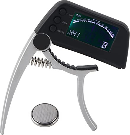 ZIXINNKC Accordeur de Capodastre de Guitare en Alliage de Zinc ABS Clip 2 en 1 avec LCD pour ukulélés Classiques électriques Acoustiques (Argent)