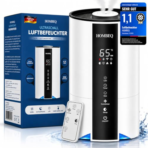 HOMBEQ Luftbefeuchter Schlafzimmer 4,2L mit Feuchtigkeitssensor & Auto-Modus, Top-Fill Humidifier mit Aroma Diffuser, 360° Doppeldüse, Sleep-Modus & Timer, Raumbefeuchter für Wohnzimmer & Pflanzen