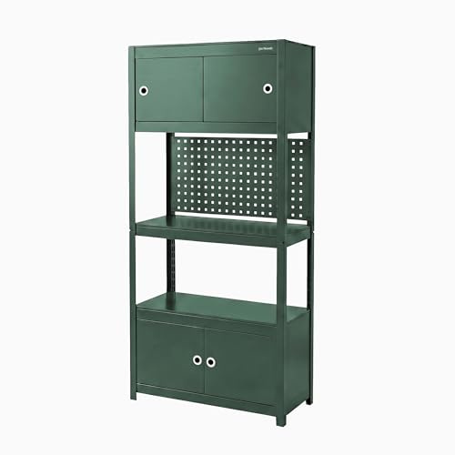 Jan Nowak Werkstattregal Metall mit Schrank Schwerlastregal 3 Böden 80 kg pro Ebene Werkzeugschrank mit Türen Lochwand Garagenregal Lagerregal stabil Stahl verstellbar System Grün