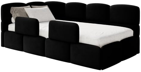 Selsey Jugendbett 120x200cm Schwarz mit Matratze und Lattenrost, gepolstertes Polsterbett mit Stauraum und Bettkasten, Kinderbett mit 2 Schutzbarrieren, Jugendbett linksseitig mit Eckkopfteil
