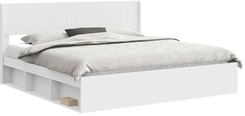 vidaXL Bettgestell mit Stauraum und Kopfteil Weiß 200 x 200 cm, Moderne Bettgestell, rechteckig, Stauraum, Latten-Design, praktische Möbel für Dein Schlafzimmer