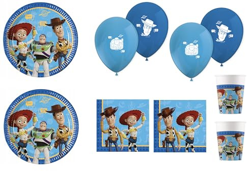 Kit Compleanno -TOY-: 16 piatti 23cm, 16 bicchieri 200ml, 20 tovaglioli 33x33 e 16 Palloncini in Lattice 30cm