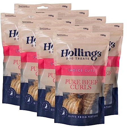 Hollings Beef Curls Dog Treats, All Natural Grain Free & Easily Digestible Air Dried Treats for Adult Dogs, Made From 100% Beef Trachea, 100g - Pack of 8