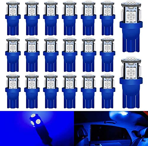 Defvnsy T10 W5W 194 168 501 LED Bulb, 12V Blue Interior Bulb Light for Dome Lights, License Plate, Dashboard, Door, Map, Trunk, Reading, 5050 5SMD Bulbs Replacement (20-Pack)
