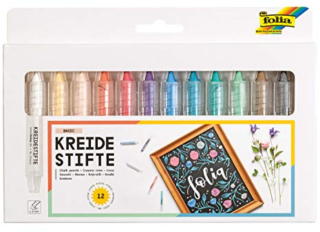 folia 371209 - Kreidestifte Set Basic, 12 Kreidemarker sortiert in 12 verschiedenen Farben, zum Malen auf Tafel, Glas, Papier und anderen glatten Oberflächen