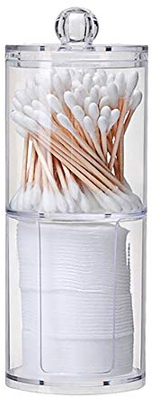MAGIIN Makeup Organiser Set - Acrylic Cotton Wool Pads Holder with Bamboo Lid, Clear Q-tip Cotton Swab Dispenser, Ear Bud Jar, Dressing Table Accessories, Cosmetics Storage Container for Bathroom