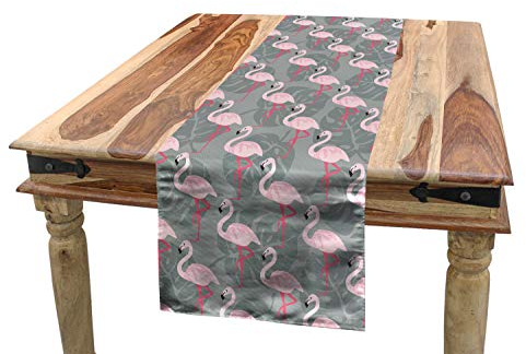 ABAKUHAUS Flamingo Tischläufer, Baum-Blätter Wildlife, Esszimmer Küche Rechteckiger Dekorativer Tischläufer, 40 x 225 cm, Grau Rosa Puder Rosa