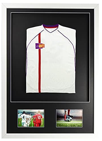 Vivarti DIY Infant 3D Mounted + Double Aperture Sports Shirt Display Frame for Football Shirt, Rugby Shirt, Band T-Shirt Shadow Box - 50 x 70cm - White Frame, Black Mount, Black Backing Card