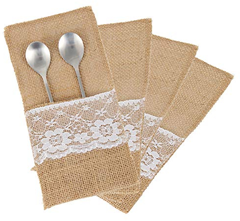 willkey Enjoygoeu 50 STK Bestecktasche Jute Hochzeit Vintage Sackleinen Spitze Besteck Tasche Besteckbeutel Tischdeko für Party Hochzeit