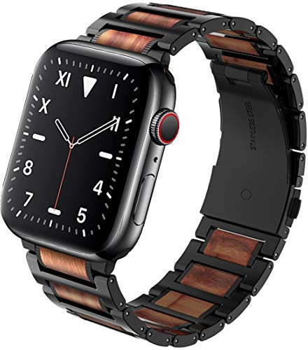 Wolait Kompatibel mit Apple Watch Ultra 2, 49 mm, 46 mm, 45 mm, 44 mm, 42 mm, natürliches Holz, rotes Sandelholz mit Edelstahl-Metallgliederband für iWatch SE/Serie 11/10/9/8/7/6/5/4/3/2/1