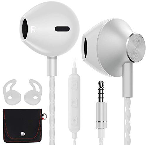 AzukiLife wired earphones, In Ear Headphones with Microphone Volume Control, Comfortable Earphones with Bass Driven Sound, Portable in ear Earphones with Mic - Sliver White