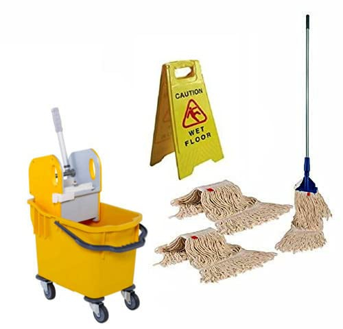 Bayersan Floor Cleaning Mopping Set 25l Bucket | Complete Mop | Mop Heads | Wet Floor Sign | Commercial | Professional Cleaner Tools (Yellow)