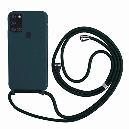 2ndSpring Handykette Schutzhülle kompatibel mit Samsung Galaxy A21S Handyhülle mit Band,Halsband Lanyard Silikonhülle,Soft Silikon Dunkelgrün