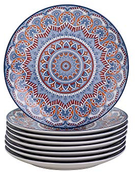 Speiseteller porzellan, vancasso MANDALA 8 teiliger Flachteller, Geschirr Tellerset Ø 26,3 cm Frühstückteller Essteller, böhmischer Stil