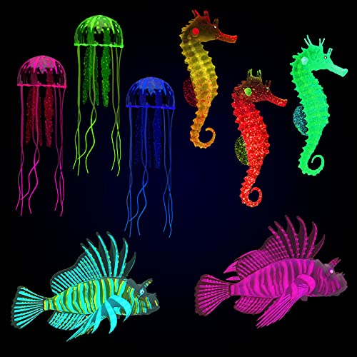 8 Stück leuchtende Aquarium-Dekorationen, künstliche Fische, leuchtende Quallen, künstliche Quallen, Aquarium, fluoreszierende Löwenfische, Silikon, Aquarium-Dekoration (traumhafte Farbe)