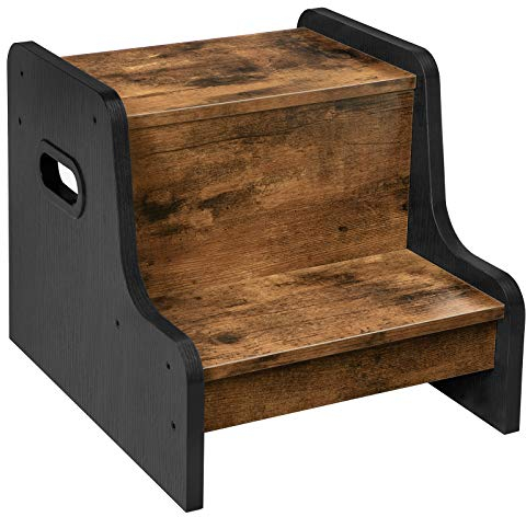 HOOBRO Reposapiés para Niños, Taburete de 2 Peldaños, con Alfombrilla Antideslizante y Asa, para Edades de 3 a 14, para Baños, Cocinas, Habitaciones, Marrón Vintage y Negro EBF01JD01G1