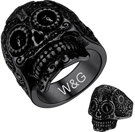 GoldChic 316L Edelstahl Totenkopf Ring Biker Herren Ring mit Textgravur Punk Gotik Schädel Fingerring Vintage Skull Siegelring Accessoires für Herren Männer Junge in Schwarz Ring Größe 59.5(18.9)