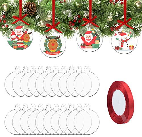 WANDIC 20 Stück Weihnachts-Acryl-Ornamente, transparente, runde Acryl-Ornamente mit rotem Band, blanko, Kreis, Weihnachtsscheiben für DIY, Basteln, Weihnachtsbaum-Dekoration (rund)