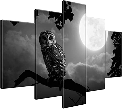 Estika Leinwand bilder - Eule im Mondlicht in Schwarz Weiß - 150x105 cm, 5 teilige kunstdruck - Wandbilder wohnzimmer, schlafzimmer, Moderne wanddeko, Bild auf leinwand - bilder - 2183A_5H