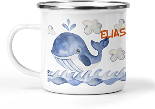 wolga-kreativ Emaille Tasse Becher Kinder Campingbecher Wal Tasse Emaille Becher (leicht & robust) Trinkbecher für Kinder, Kaffeetasse, Emaillebecher | mit namen