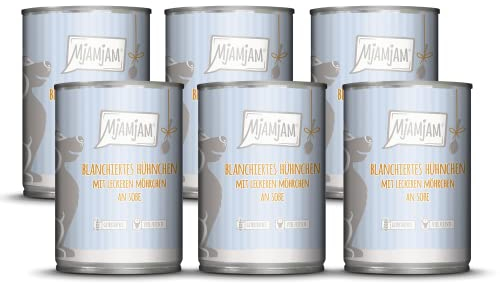 MjAMjAM - Premium Nassfutter für Hunde - blanchiertes Hühnchen mit leckeren Möhrchen an Soße, 6er Pack (6 x 380 g), getreidefrei mit extra viel Fleisch