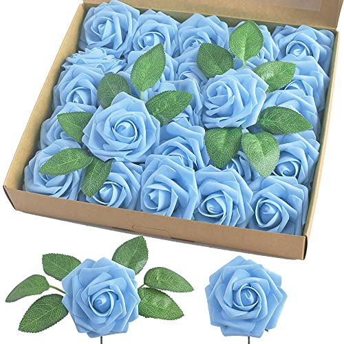 homEdge Künstliche Rose, 25 Stück Kunstschaumblumen mit Stiel für Heimdekoration, Hochzeitssträuße, Party, Certerpieces, Jubiläen-Aquablau