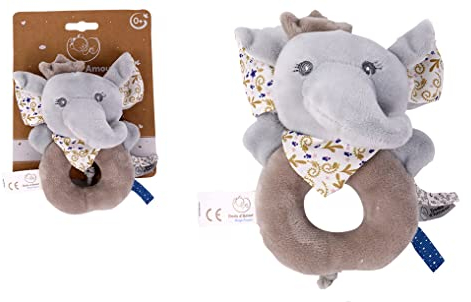 Dodo d'AMOUR - Schüttel-Plüschtier - Elefant - 032291 - Beige - Fleece - Geburt - Plüsch - Baby - Beruhigend - Weich - Waschbar - 13 cm x 10 cm - Ab 0 Monaten