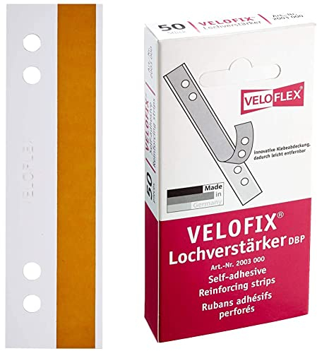 Veloflex 2002100 - HEFTFIX Heftstreifen aus selbstklebender Hartfolie, 105 mm lang, Lochabstand 60 und 80 mm, glasklar, 100er Packung & 2003000 - Velofix Lochverstärker (DBP) 105 x 15mm, 50er Packung