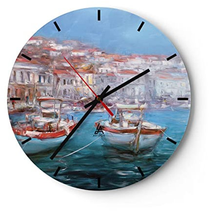 Modern Wanduhr Öl Boote Griechenland 30x30cm Rund Klein Wand Uhr Glas Analog Zimmeruhren Küche Büro Wohnzimmer Glasuhr Wall Clock Dekoration Design Wanddekoration Küchenuhr C3AR30x30-4467
