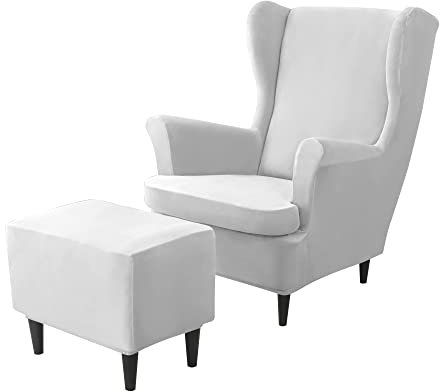 NOPEXTO Ohrensessel Überzug Mit Ottomane Schonbezug, Sessel-Überwürfe Ohrensessel Schonbezüge Bezug Sesselhusse Stretch Tiger Stuhlbezug (Hellgrau)