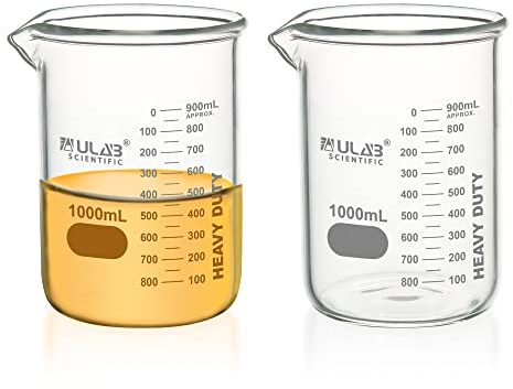 ULAB Heavy Duty Glass Beakers, 2pcs of Vol.1000ml, Borosilicate 3.3 Glass, Double Scale, Superior Durability & Chemical Resistance with Graduations, UBG1065