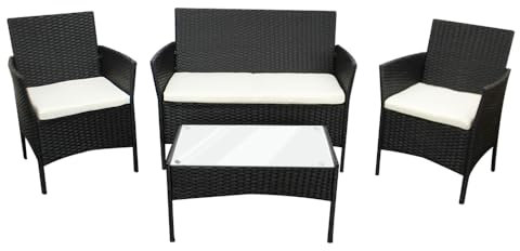 COZYBRITE Rattan Garden Furniture Sofa Set with Coffee Table Chairs 4 Seater for Outdoor Patio Balcony 6210-B (Black +Beige Cushions)