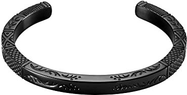 murtoo Power of Poseidon Bracelets for Men - Stainless Steel Jewelry - 3D Engraving Sea Wave Seed Fish Scale Viking Bracelet Stylish Open Cuff Gift for Man (9 inch (Large), Black)