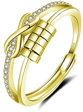 Deyanse Anxiety Ring, 925 Sterling Silber Anti Stress Ring, Bead Spinner Angst Ringe für Frauen Damen, Angstring Silber Verstellbar ringe, Offen Einstellbar Spinner Fidget Ring Anti-stress Ring