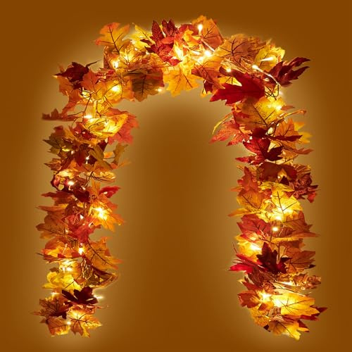 KASZOO 2 Pack Autumn Garland with LED Lights – 5.8FT Fall Maple Leaf Decor for Thanksgiving Halloween Garland Autumn Decor for Fireplace Door Table Indoor Outdoor