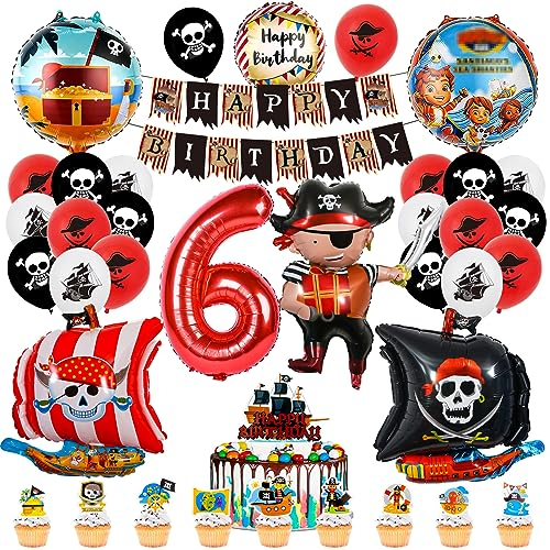 Piraten Geburtstag Deko Set, 6 Jahre Piraten Deko Kindergeburtstag Luftballon Set, Piraten Deko Mädchen Junge 6 Geburtstag, 6 Geburtstag Luftballon mit Happy Birthday Banner mit Geburtstag Thema Set