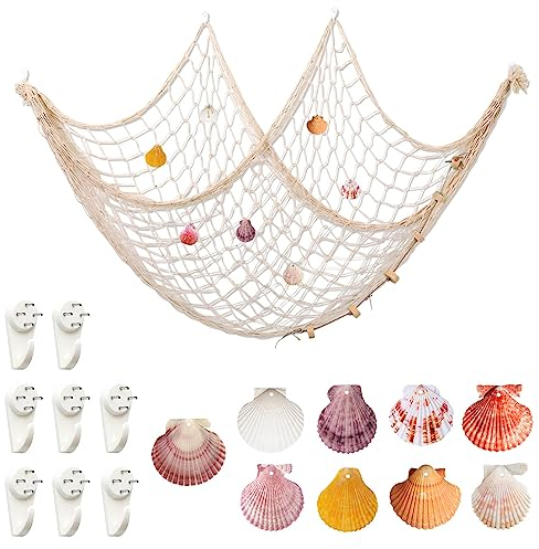 Fischernetz Deko Outdoor,Deko Fischernetz Mit Muscheln 100 x 200cm,Deko Netz Fischernetz für Aufhängen Hintergrund Wohnzimmer Wand Deko
