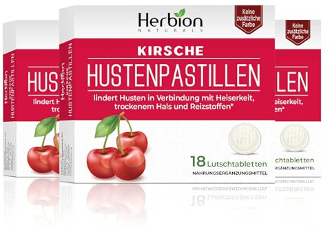 Herbion Naturals Lutschtabletten mit natürlichem Kirschgeschmack, Nahrungsergänzungsmittel, beruhigt 18 Lutschtabletten, ohne künstlichen Geschmack, ohne Farbzusatz. 3er Pack