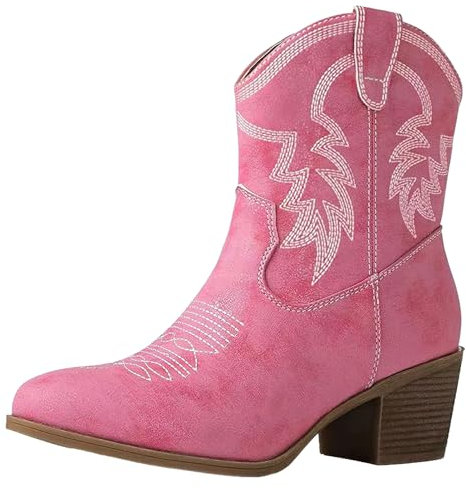 ANUFER Femmes Mi-mollet Bottes de Cow-boy Brodé Talon Bloc Fermeture éclair Latérale Chaussures Western SN079163D Rose EU37